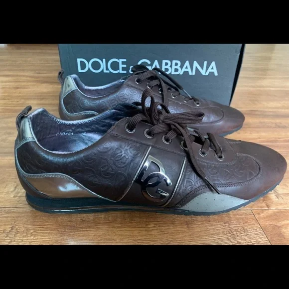 Authentic DOLCE & GABBANA Mens Sneakers Shoes Brown Silver DG Logo Sz 12EUR 46